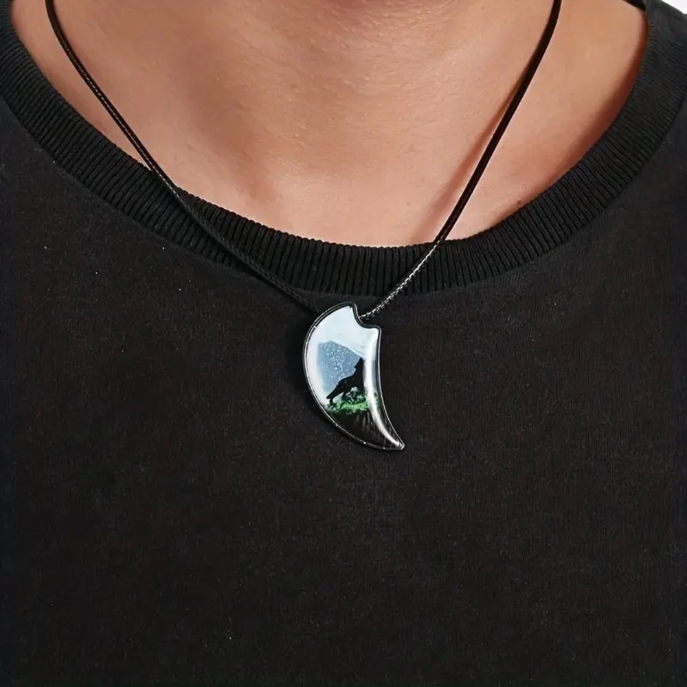 Wolf Howling on green grass Crescent Necklace
